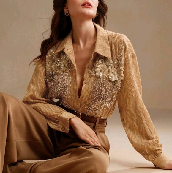 Elegant Vintage 3D Pearl Beaded & Sequined Textured Women Casual Blouse - Picture 1 of 8